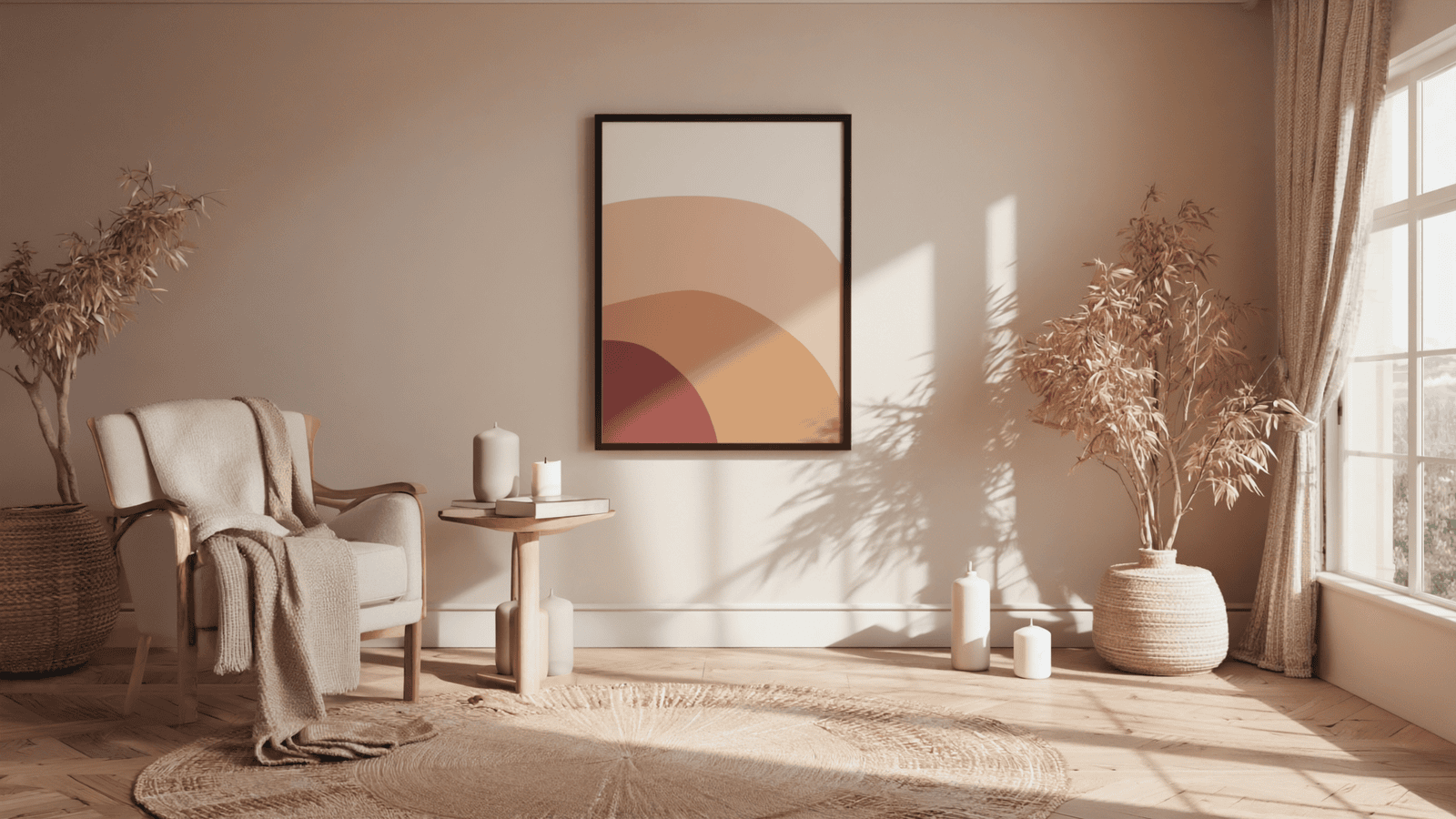 Minimalist wellness corner interior with a cozy armchair draped in a blanket, neutral-toned wall art in a black frame, woven baskets with dried plants, candles on a wooden side table, and natural sunlight streaming through large windows