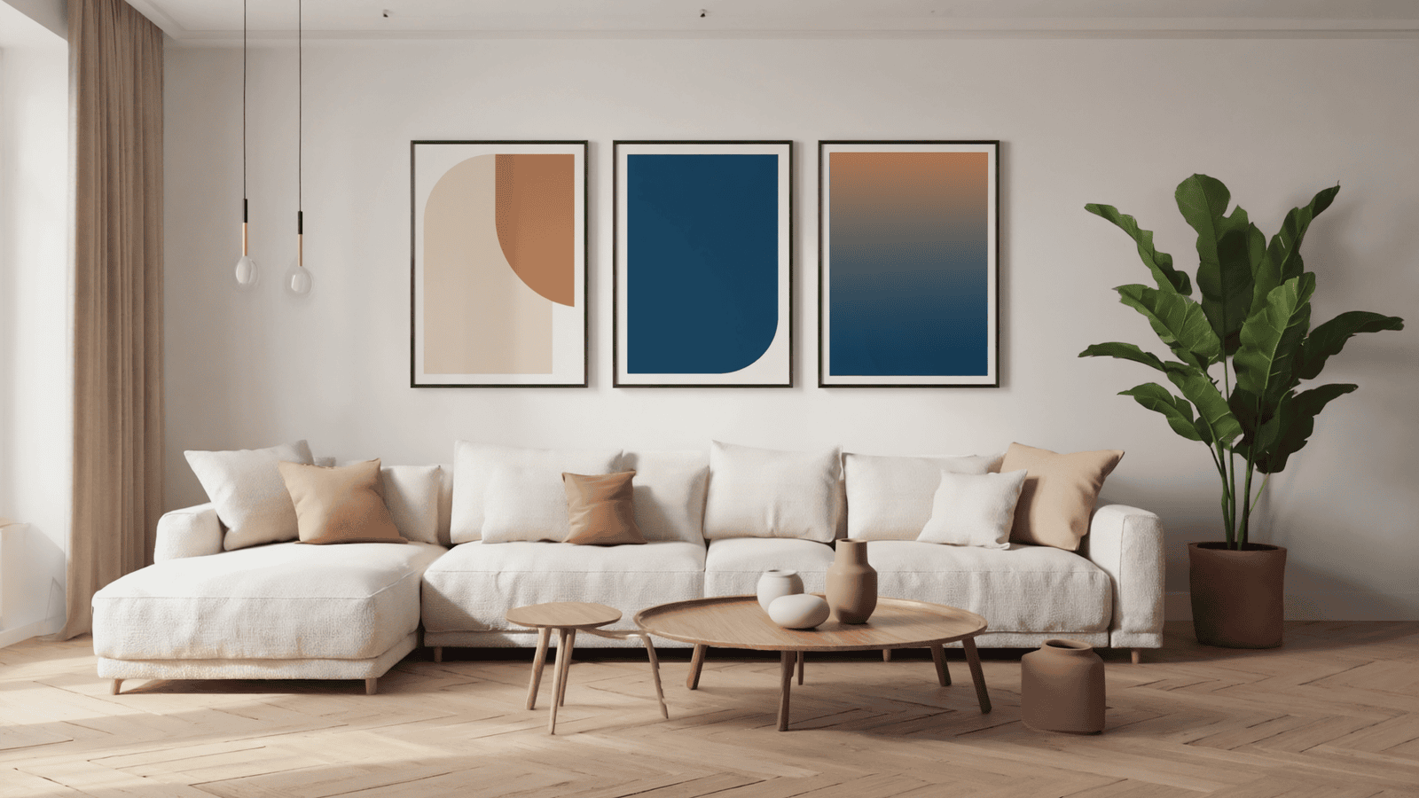 Minimalist living room with beige sectional sofa, wooden coffee tables, neutral-toned cushions, and three modern abstract framed posters in blue and earthy tones above the couch, styled with indoor plant decor