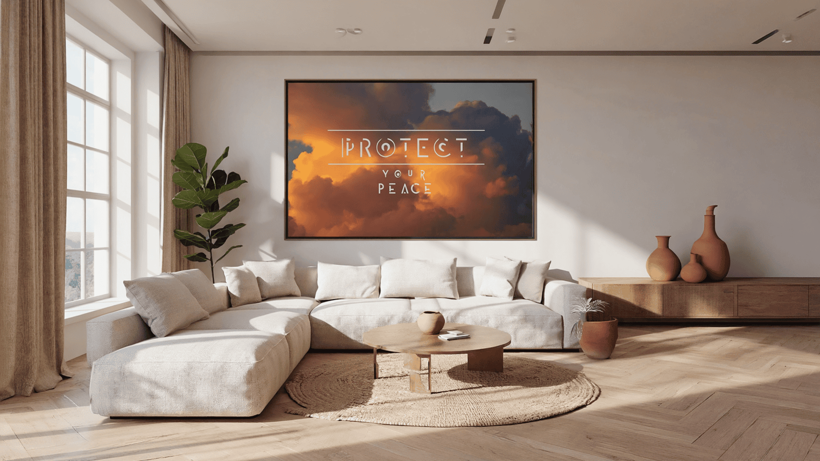 Modern minimalist living room with neutral sofa, wooden decor, and large wall art that reads 'Protect Your Peace' over a dramatic sunset cloudscape