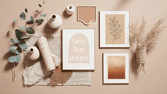Minimalist flatlay of modern framed posters with neutral beige tones, featuring typography ‘Less But Better,’ botanical line art, and warm abstract art, styled with natural décor elements like eucalyptus leaves, ceramic vases, woven textures, and dried flowers.